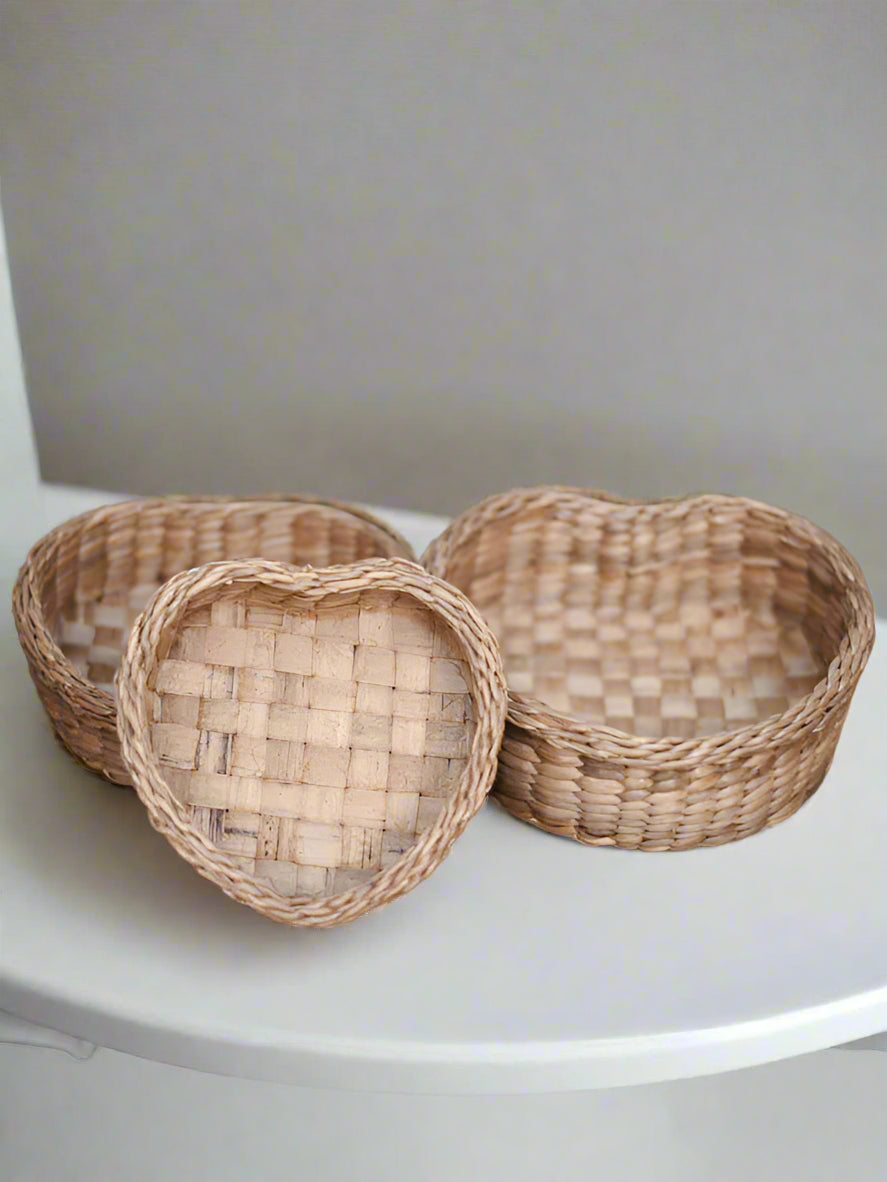Heart Shaped Water Hyacinth Baskets - Set of 3