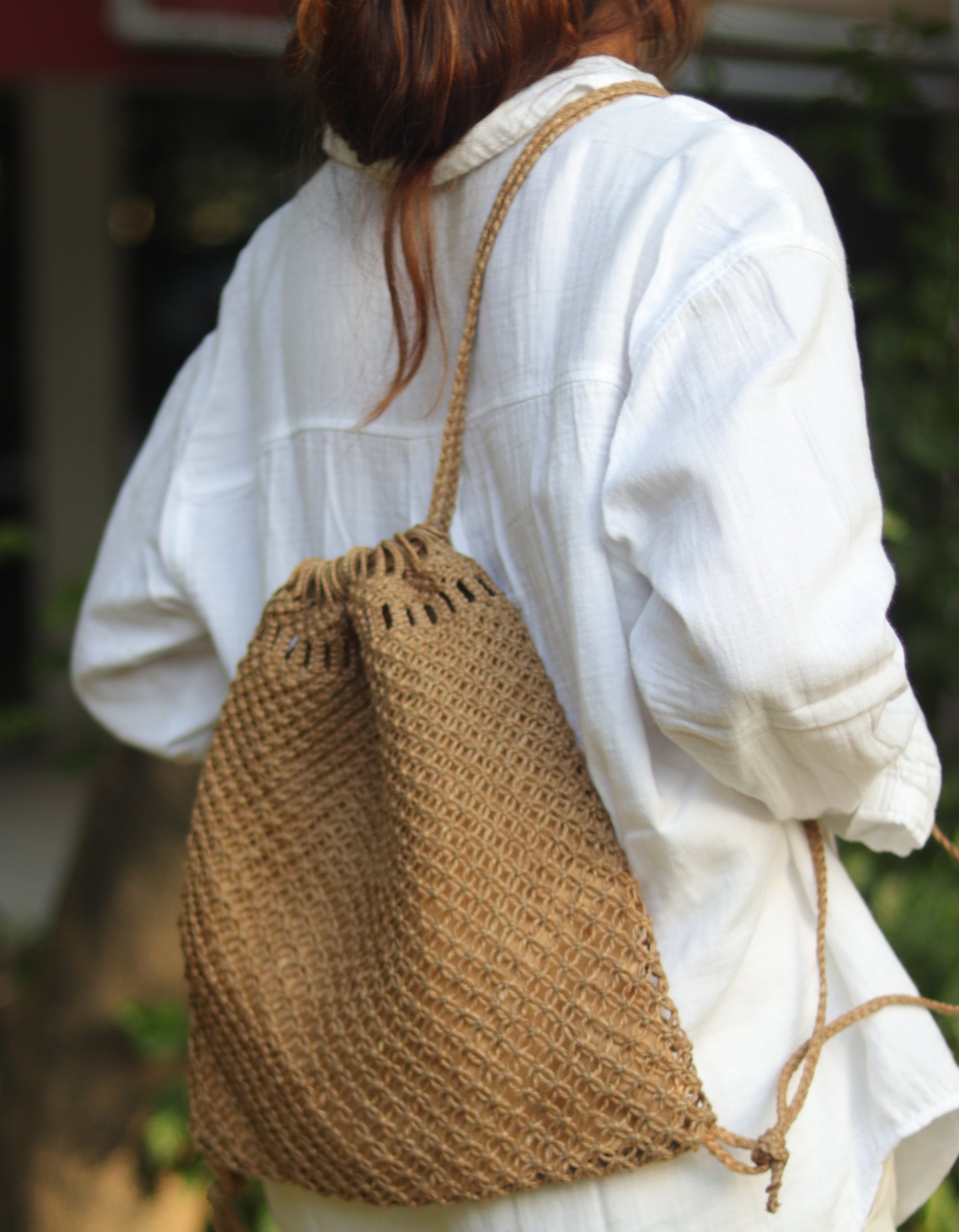 Jute Macamé Drawstring Backpack