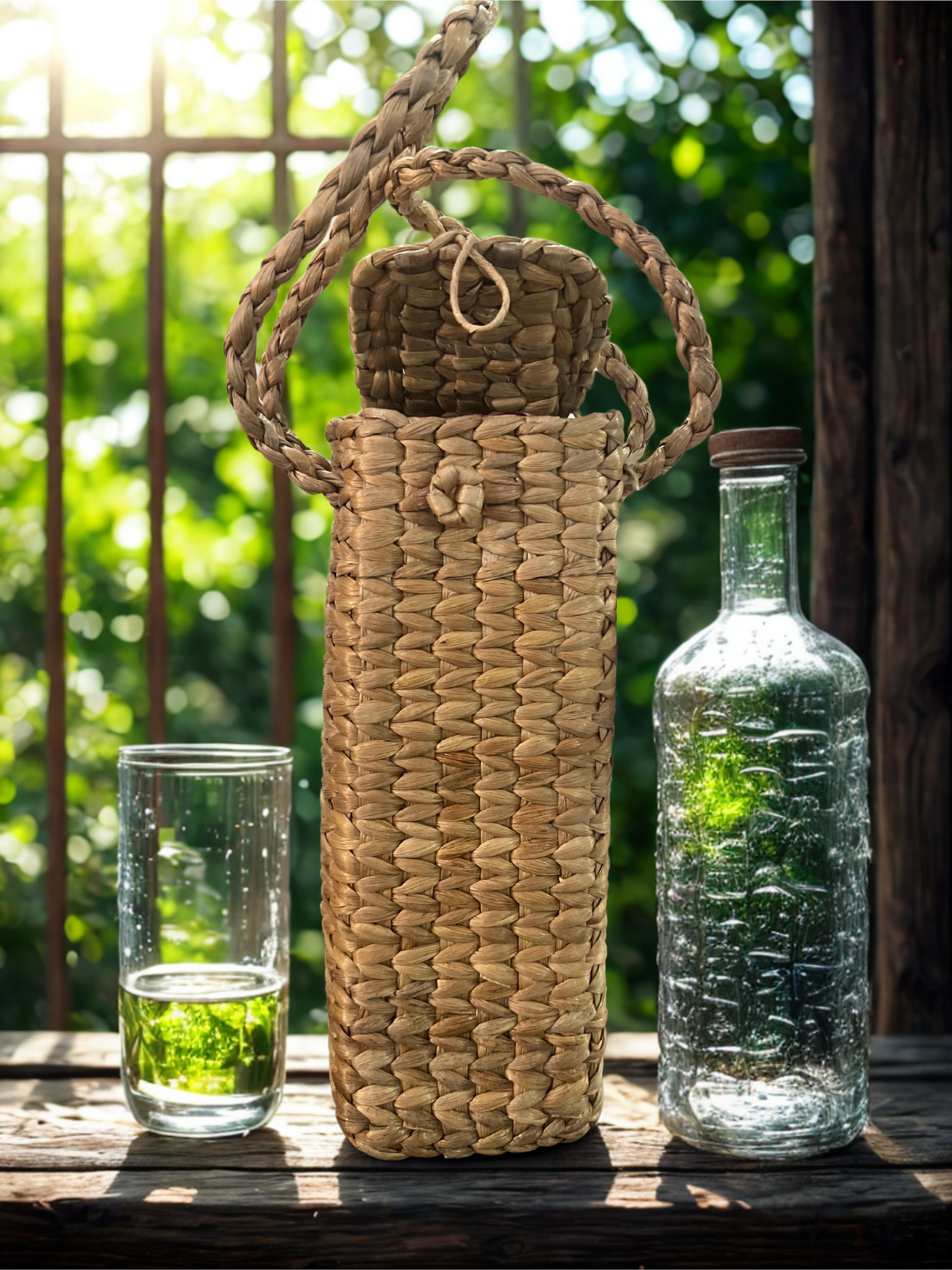Water Hyacinth Bottle Bag with flap closure