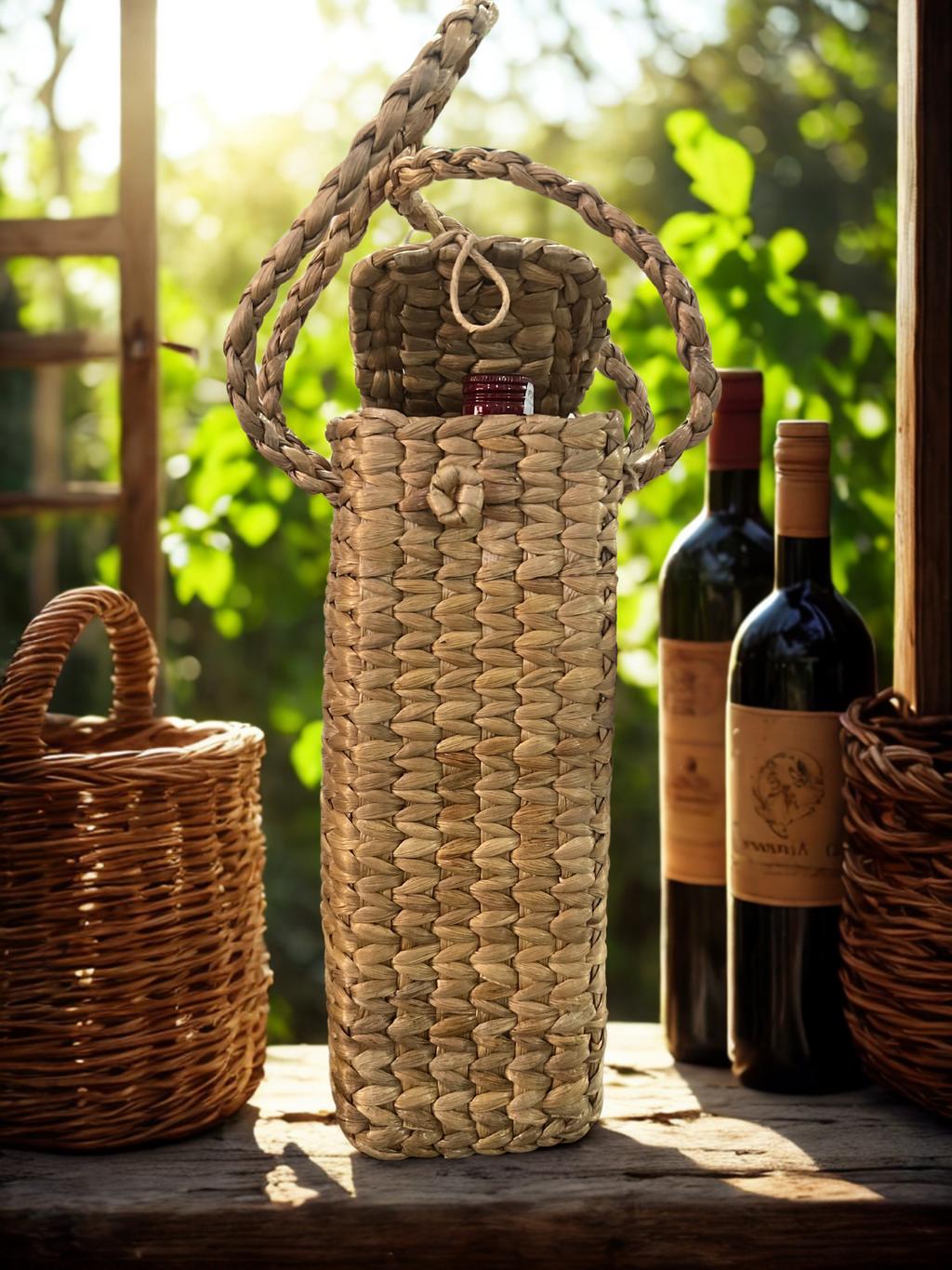 Water Hyacinth Bottle Bag with flap closure