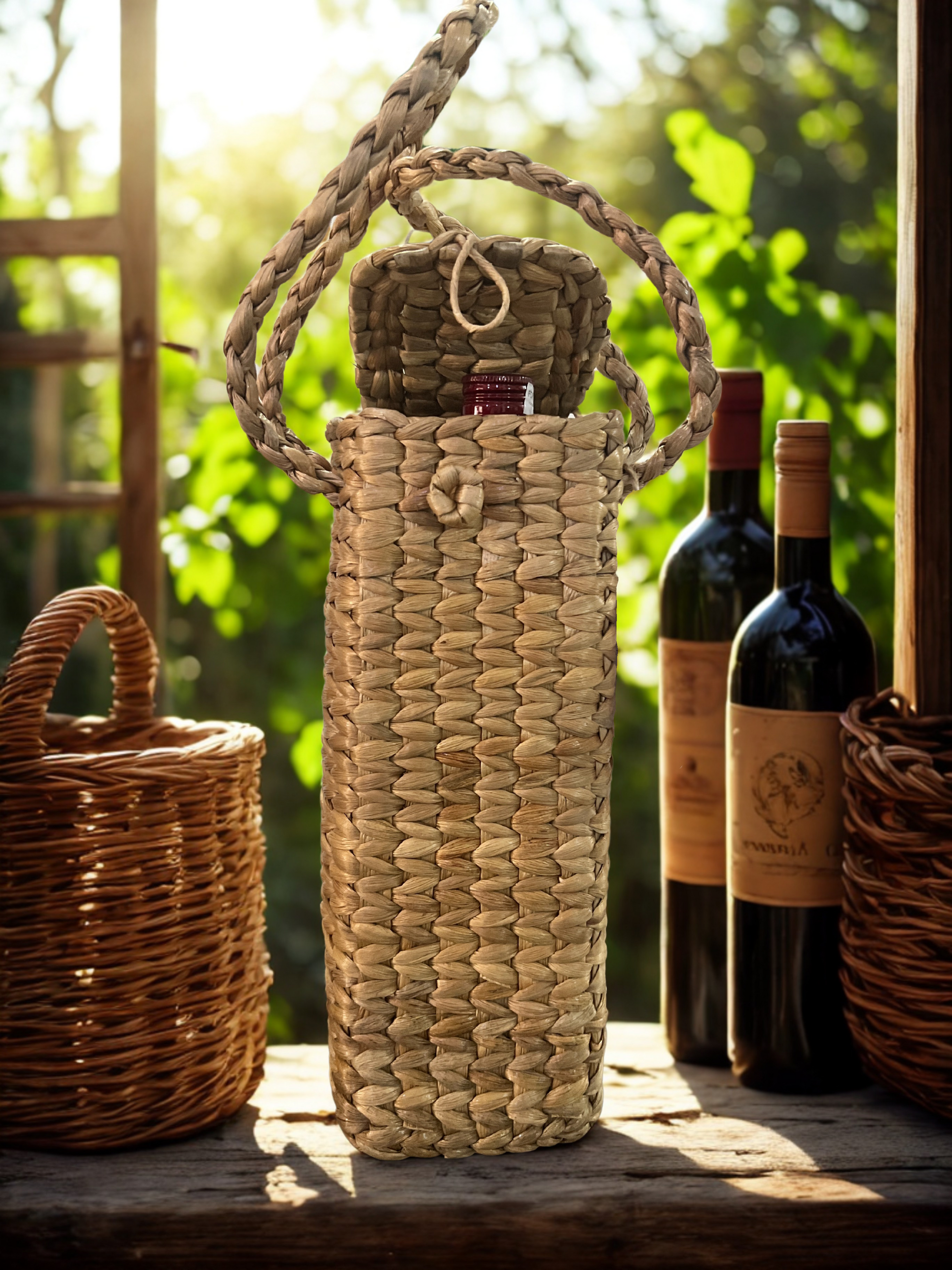 Water Hyacinth Bottle Bag with flap closure